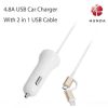 usb car charger 4.8a with 2 in 1 cable